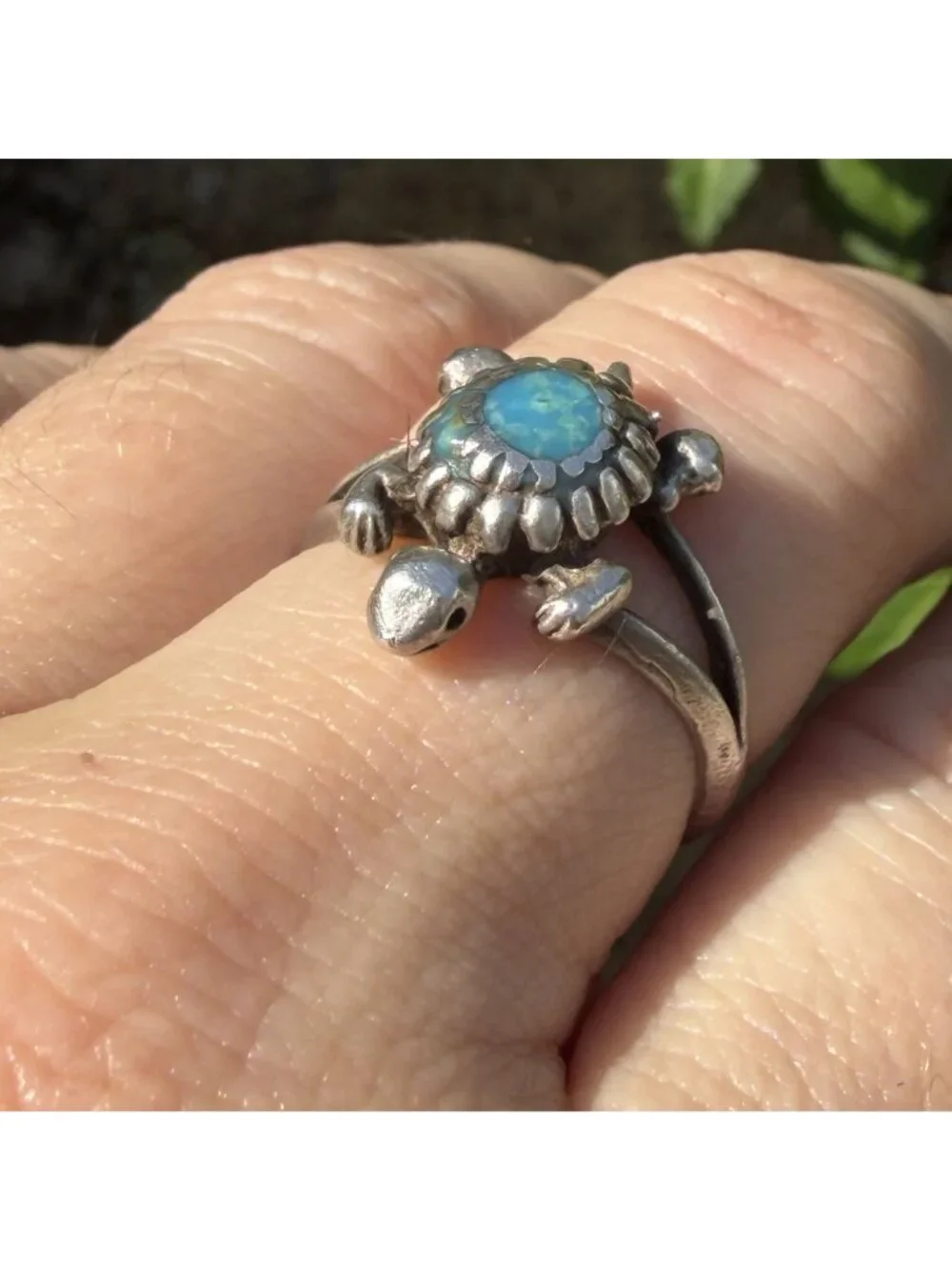 Vintage Sterling Silver Turquoise Turtle Ring Size 7 Southwestern Boho Coastal